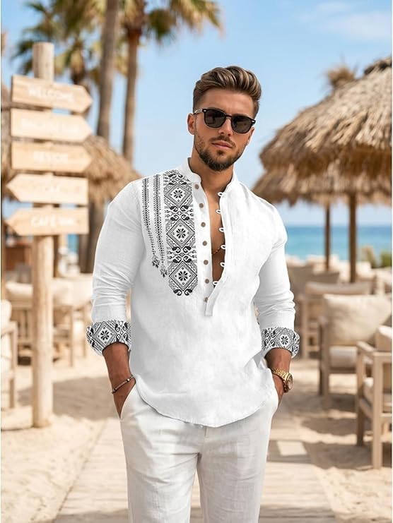 DEELMO Men's Cotton Blend Mandarin Collar Self One Design Full Sleeve Casual Short Kurt - Image 2